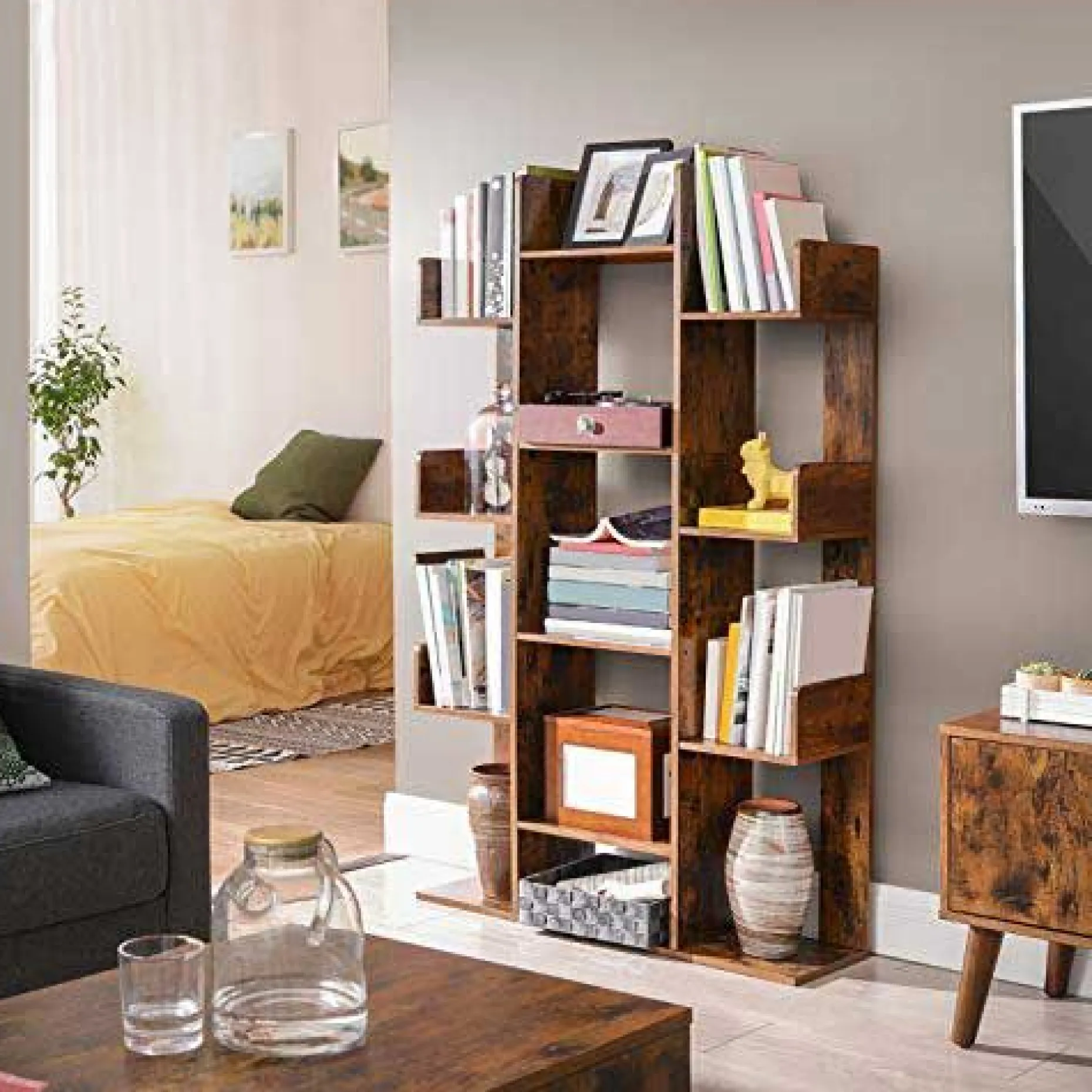 Baumförmiges Bücherregal: 13 Fachböden, 86x25x140cm, Rustikales Braun