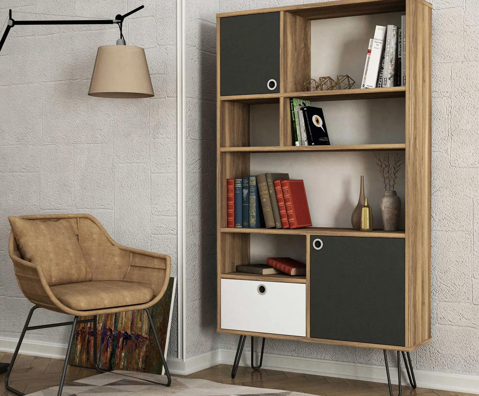 Bücherregal Karamel - 90x25x160cm - Nussbaum Dekor/anthrazit