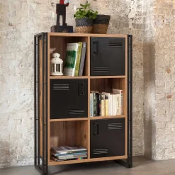 Emob Bücherregal Sapphire - 89x35x127cm - 3 Türen - schwarzes Metall/Eiche Dekor
