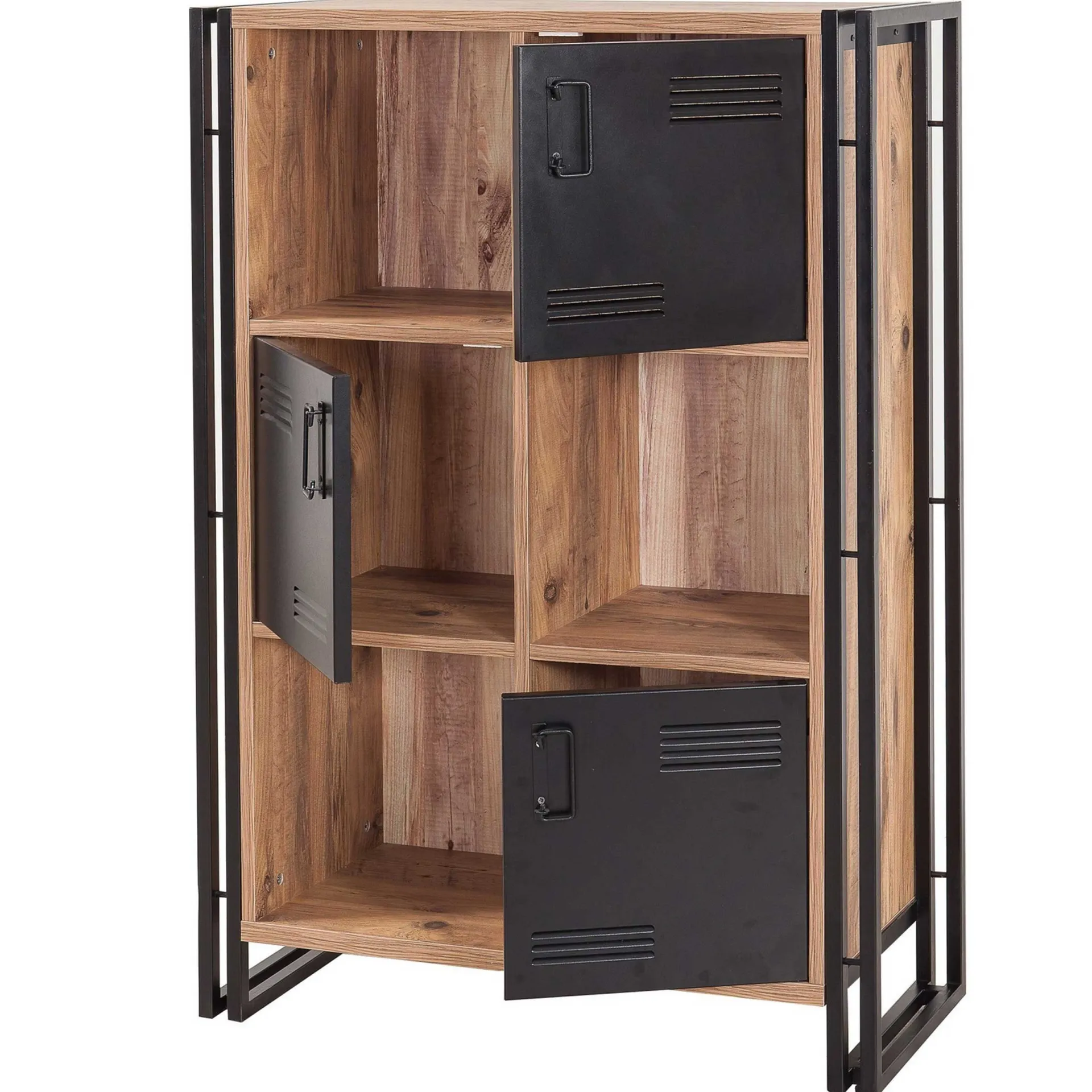 Emob Bücherregal Sapphire - 89x35x127cm - 3 Türen - schwarzes Metall/Eiche Dekor