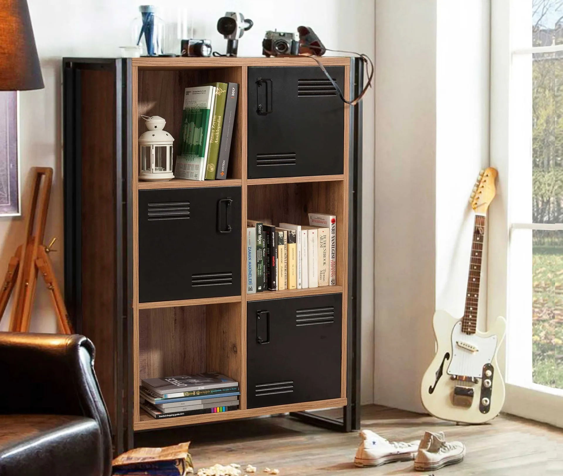Emob Bücherregal Sapphire - 89x35x127cm - 3 Türen - schwarzes Metall/Eiche Dekor
