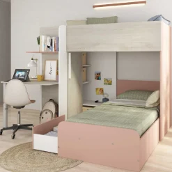 Beau Etagenbett 90x190 cm mit Schreibtisch-rosa/pink/weiß