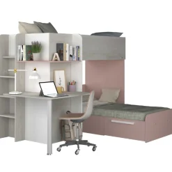 Beau Etagenbett 90x190 cm mit Schreibtisch-rosa/pink/weiß