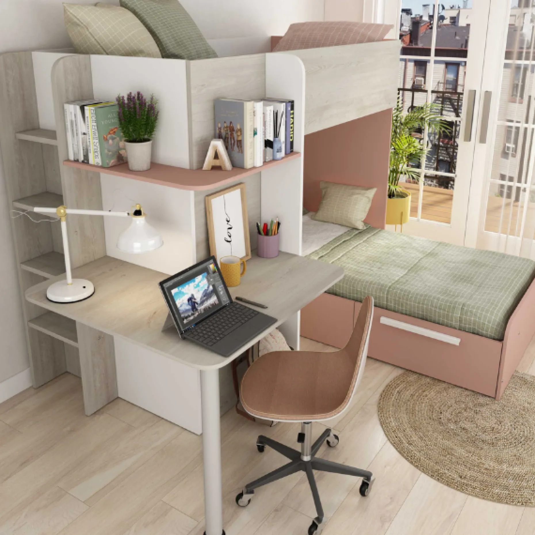 Beau Etagenbett 90x190 cm mit Schreibtisch-rosa/pink/weiß