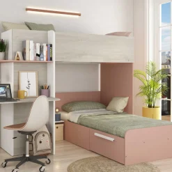 Beau Etagenbett 90x190 cm mit Schreibtisch-rosa/pink/weiß