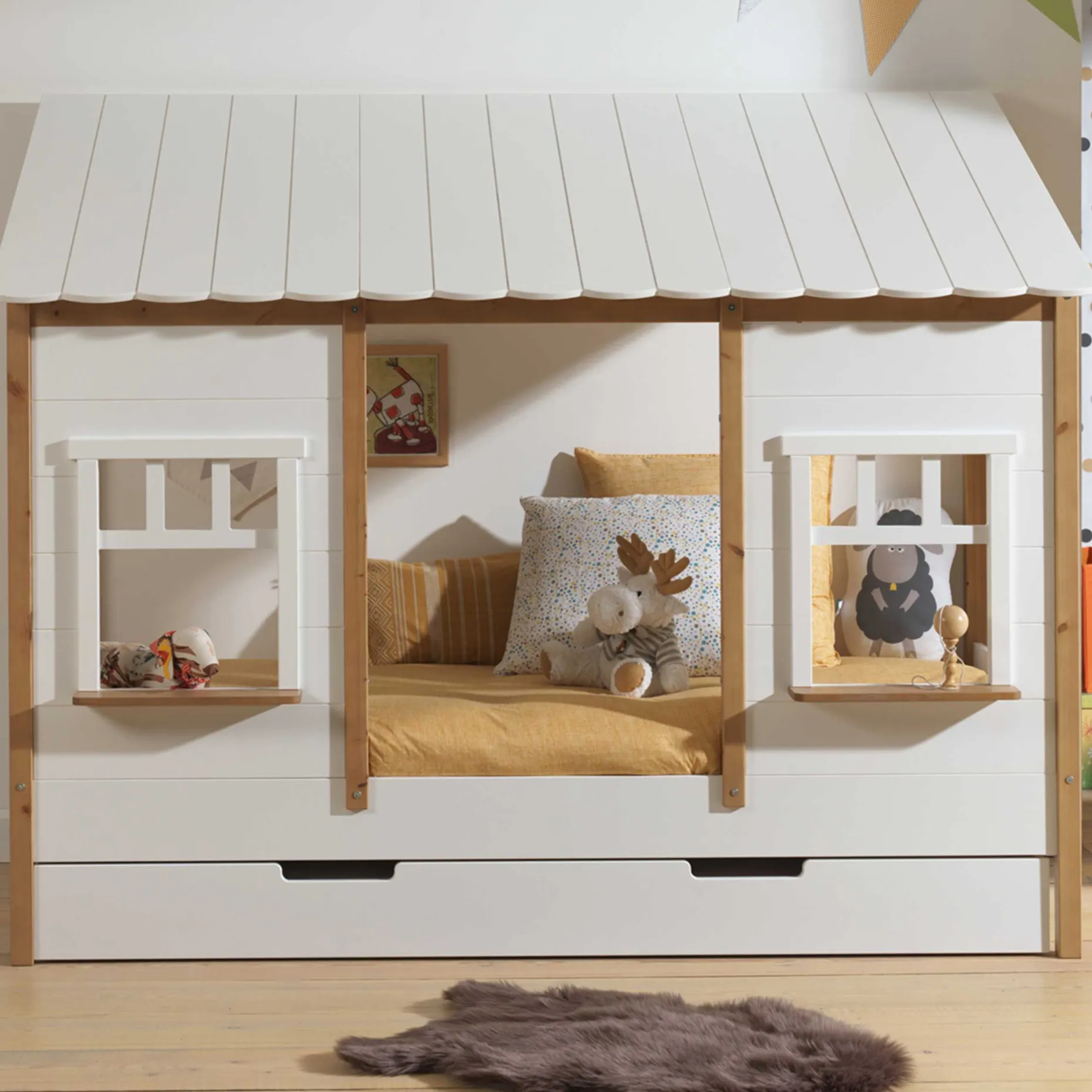 Bedhouse Odense mit Bettkasten 90x200 MDF - weiß/Kiefernholz