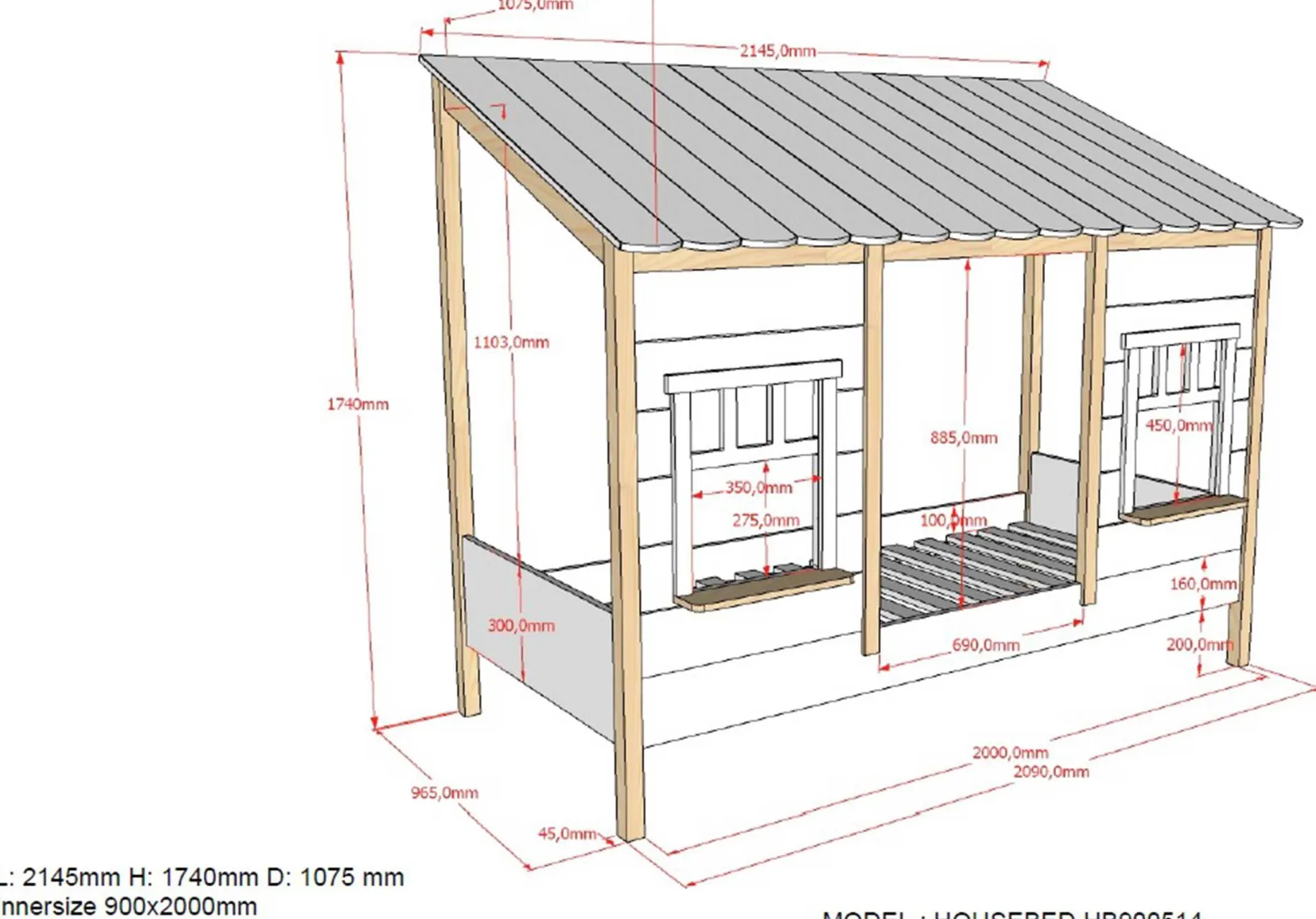 Bedhouse Odense mit Bettkasten 90x200 MDF - weiß/Kiefernholz