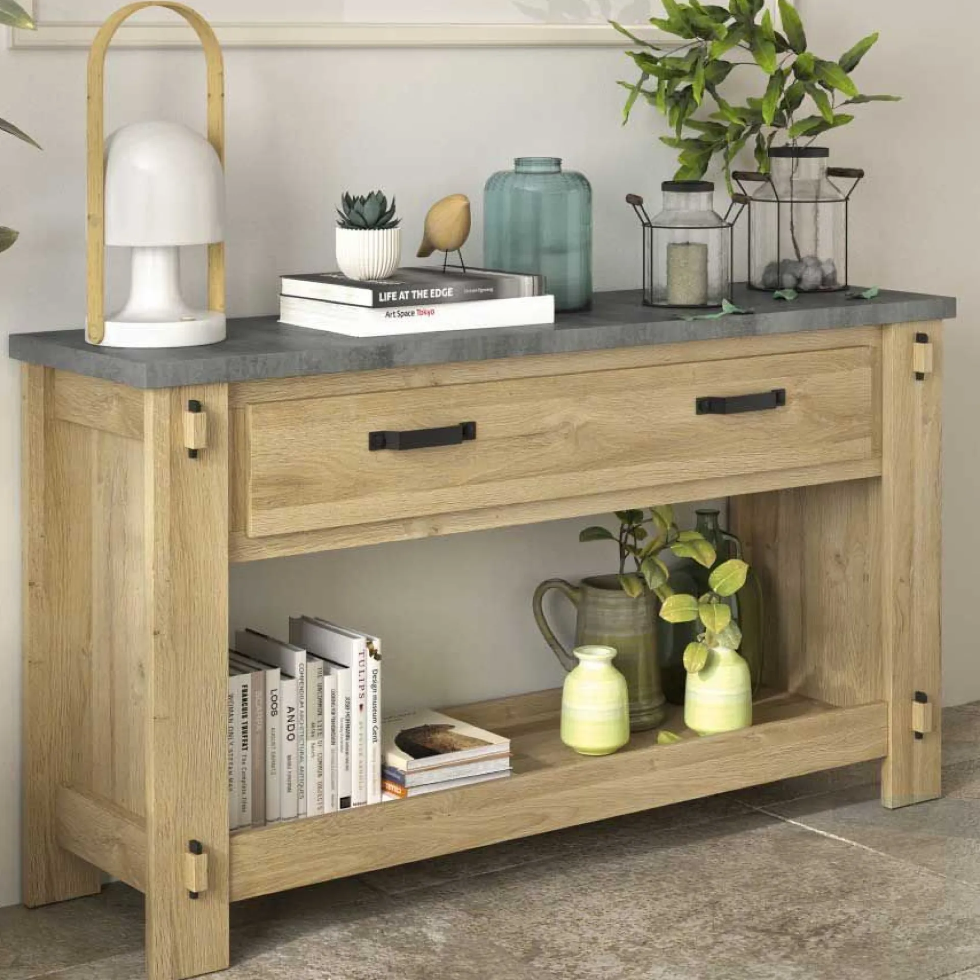 Gautier - Gami Beistelltisch Louane 156cm, 1 Schublade - Eiche/Beton