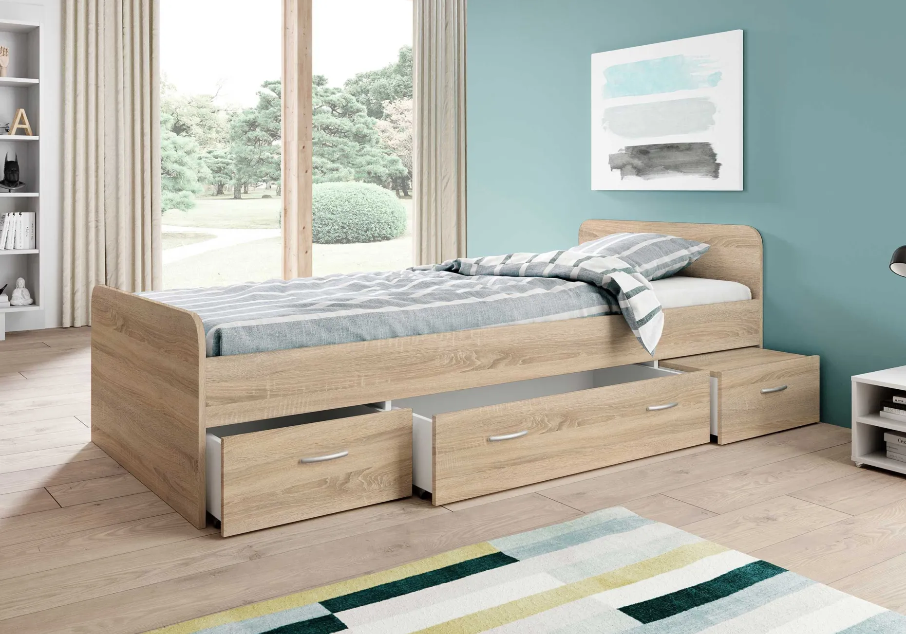 Bett Barko 90x200 mit 3 Schubladen - Eiche