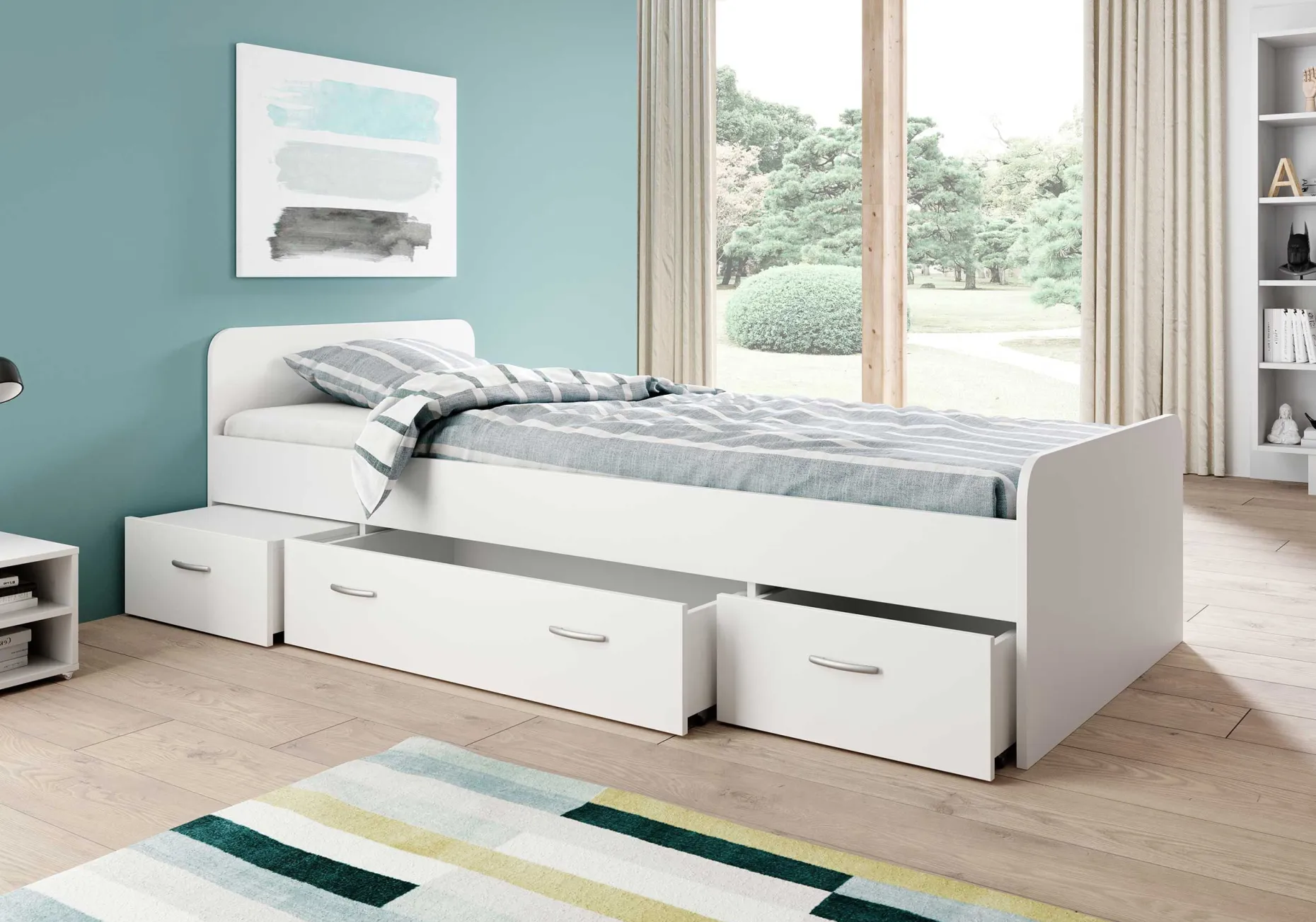 Bett Barko 90x200 mit 3 Schubladen - weiß