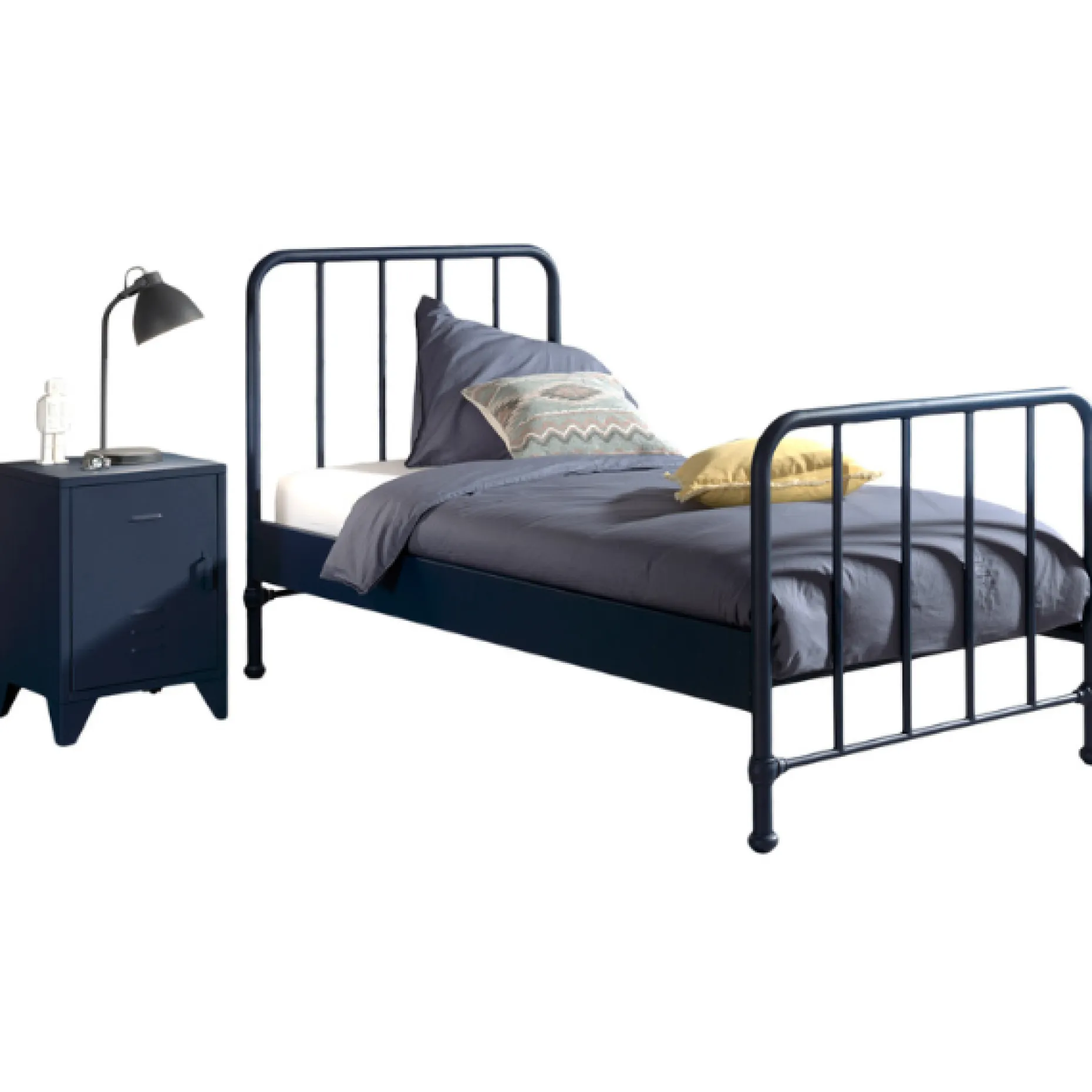 Bett Bronxx Metall 90x200(inkl. Lattenrost) mit Nachttisch-matt denim blue