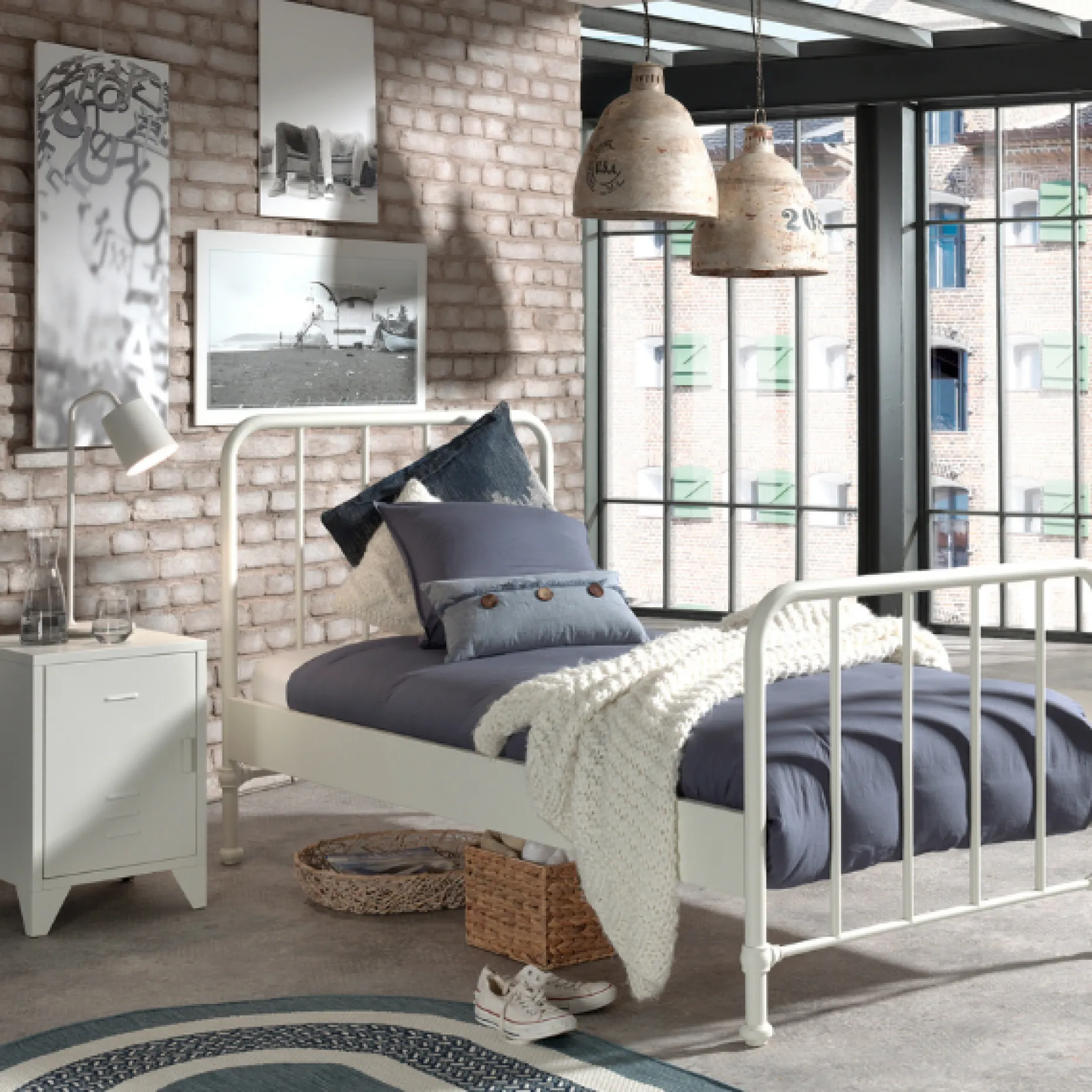 Bett Bronxx Metall 90x200 (inkl. Lattenrost) mit Nachttisch - mattweiß