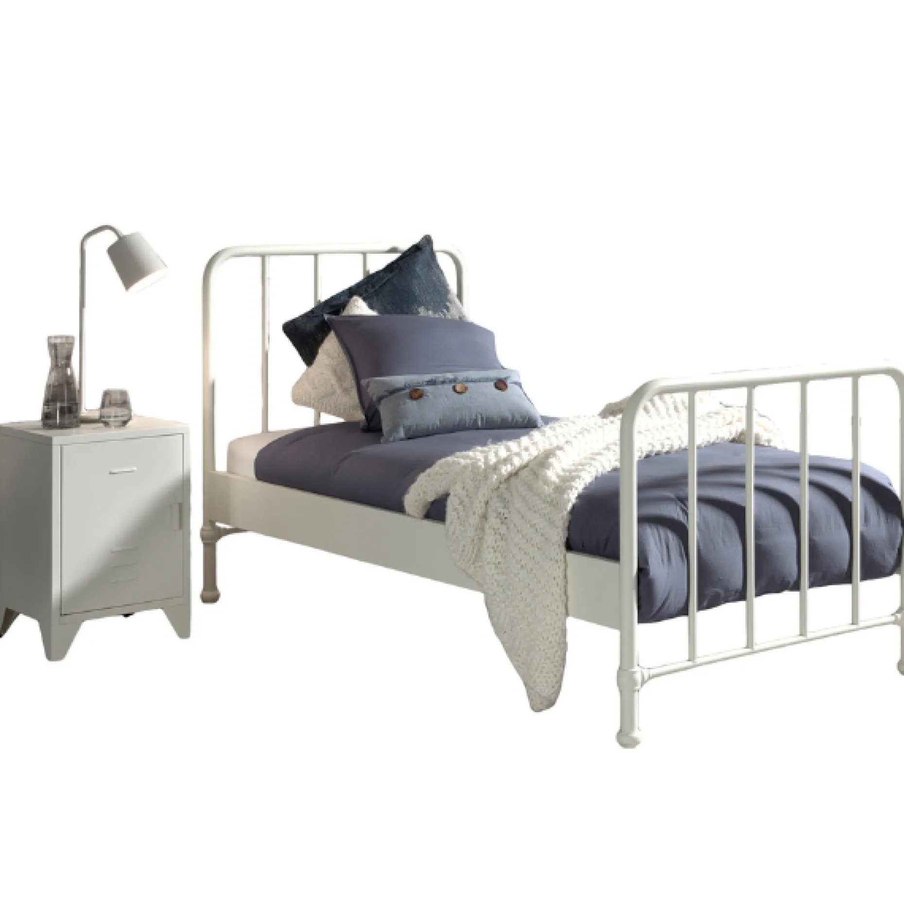 Bett Bronxx Metall 90x200 (inkl. Lattenrost) mit Nachttisch - mattweiß