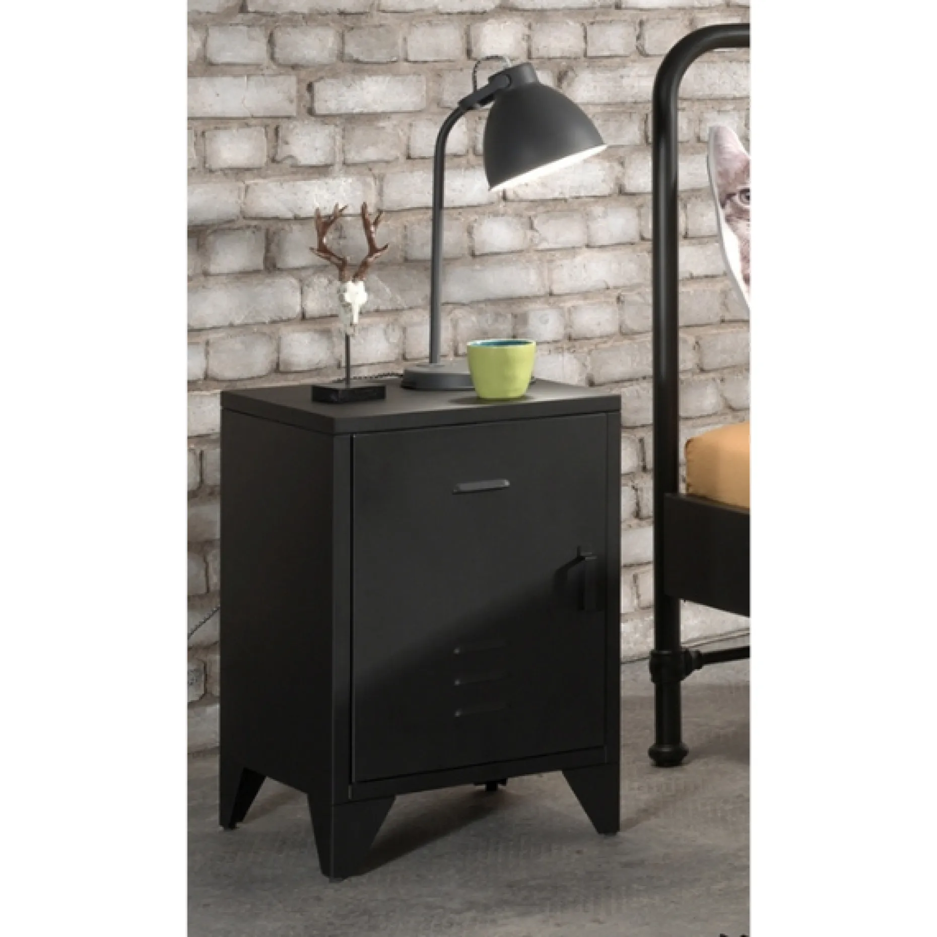Bett Bronxx Metall 90x200 (inkl. Lattenrost) mit Nachttisch - mattschwarz
