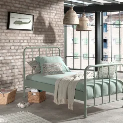 Bett Bronxx Metall 90x200 (inkl. Lattenrost) mit Nachttisch - matt olivgrün