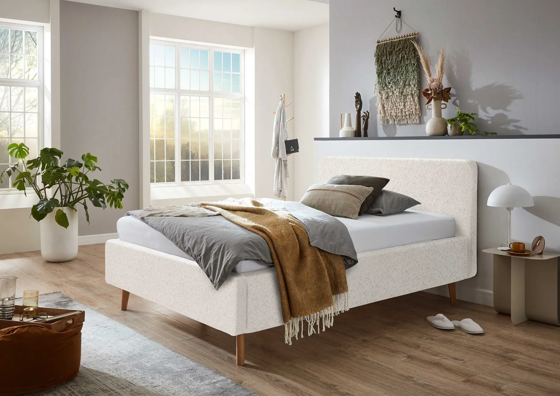 Bett Dalila 140x200cm teddy stoff mit aufbewahrung - weiß