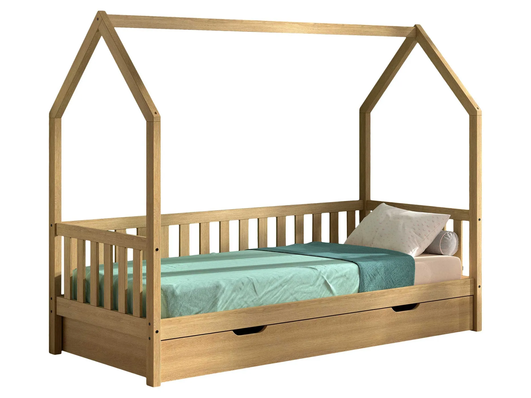 Bettgestell Home - 90x200 cm - mit Gitter - mit Bettschublade - Eiche
