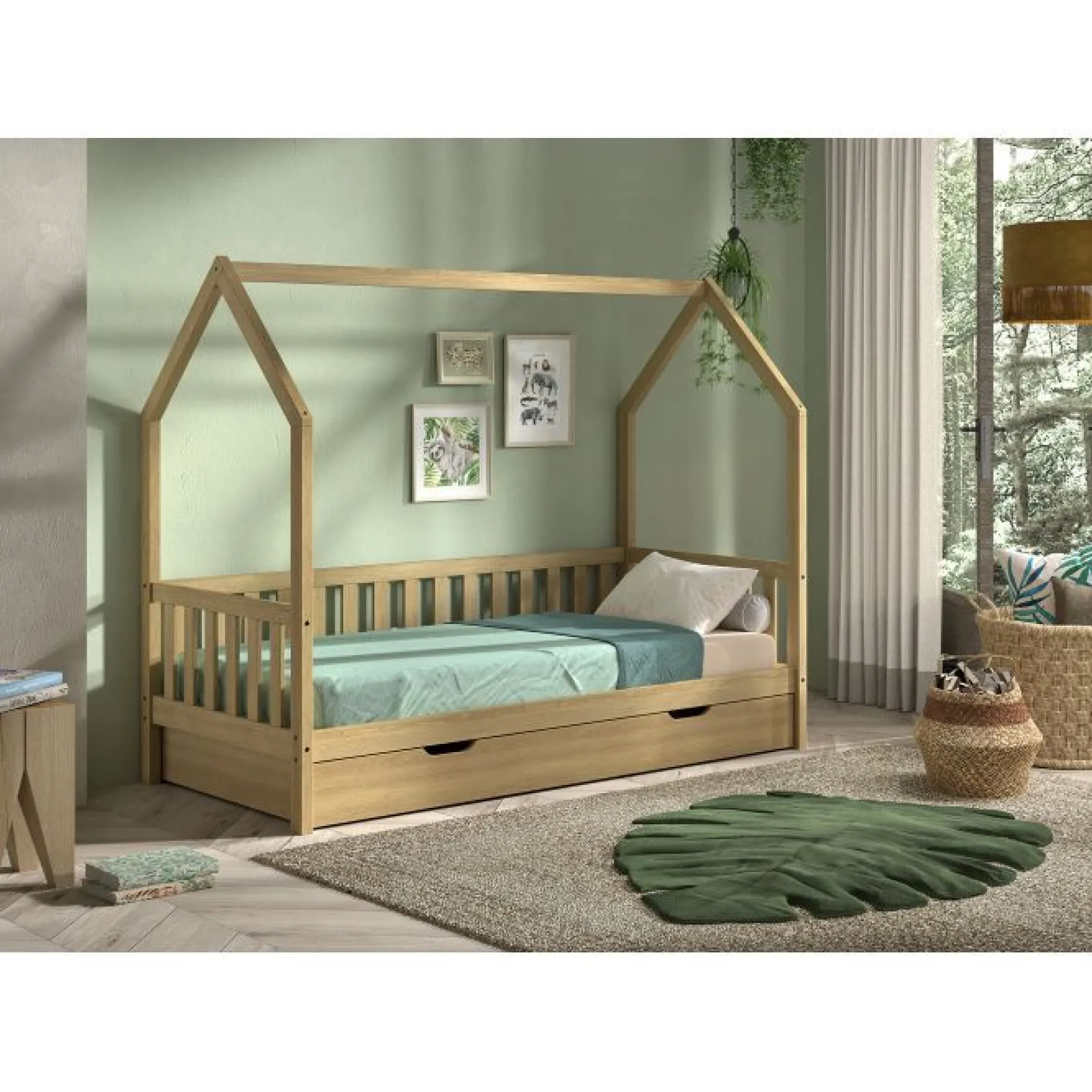Bettgestell Home - 90x200 cm - mit Gitter - mit Bettschublade - Eiche
