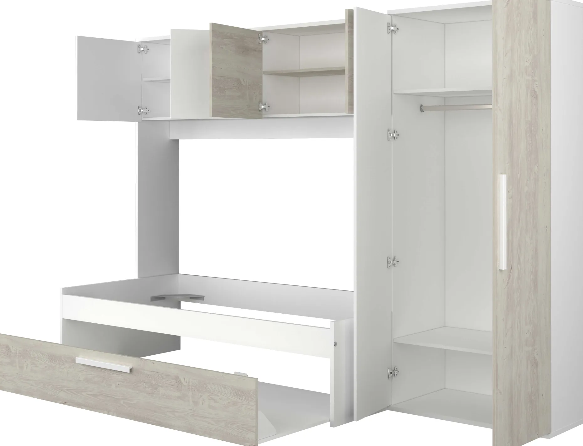Bett Lev 90x200 cm mit Schrank und Bettschublade - Kiefer/weiß