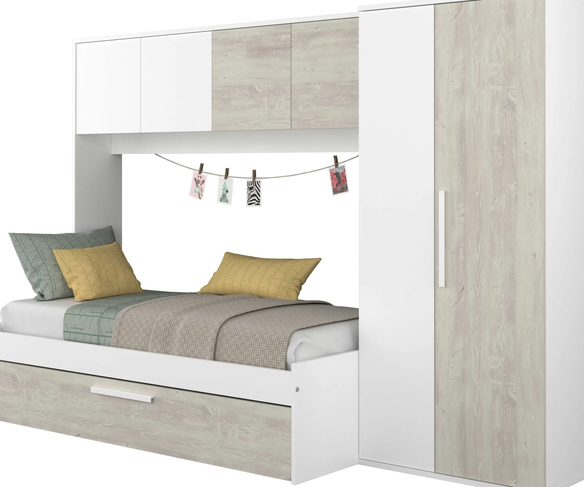 Bett Lev 90x200 cm mit Schrank und Bettschublade - Kiefer/weiß