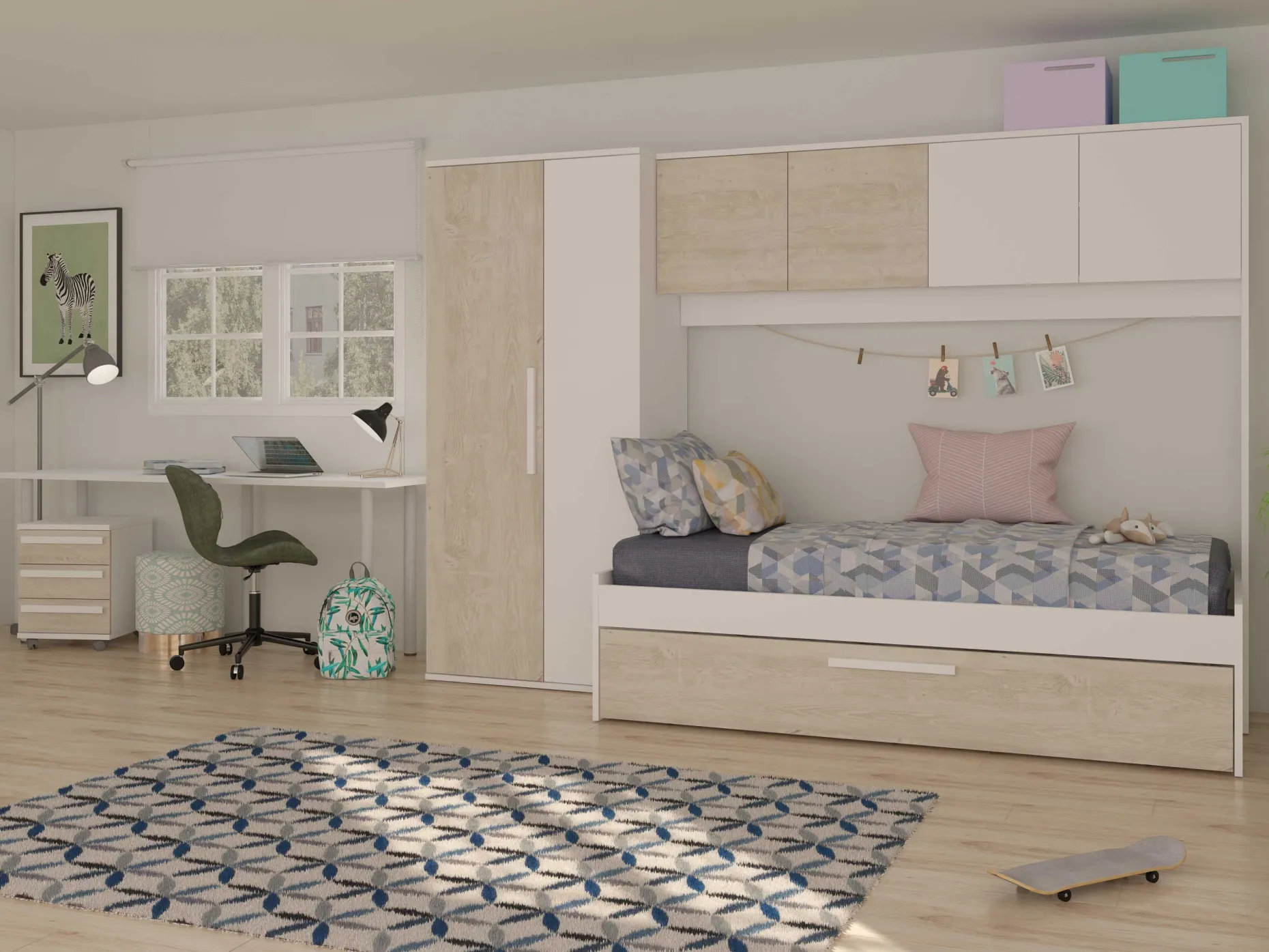 Bett Lev 90x200 cm mit Schrank und Bettschublade - Kiefer/weiß