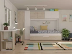 Bett Lev 90x200 cm mit Schrank und Bettschublade - Kiefer/weiß