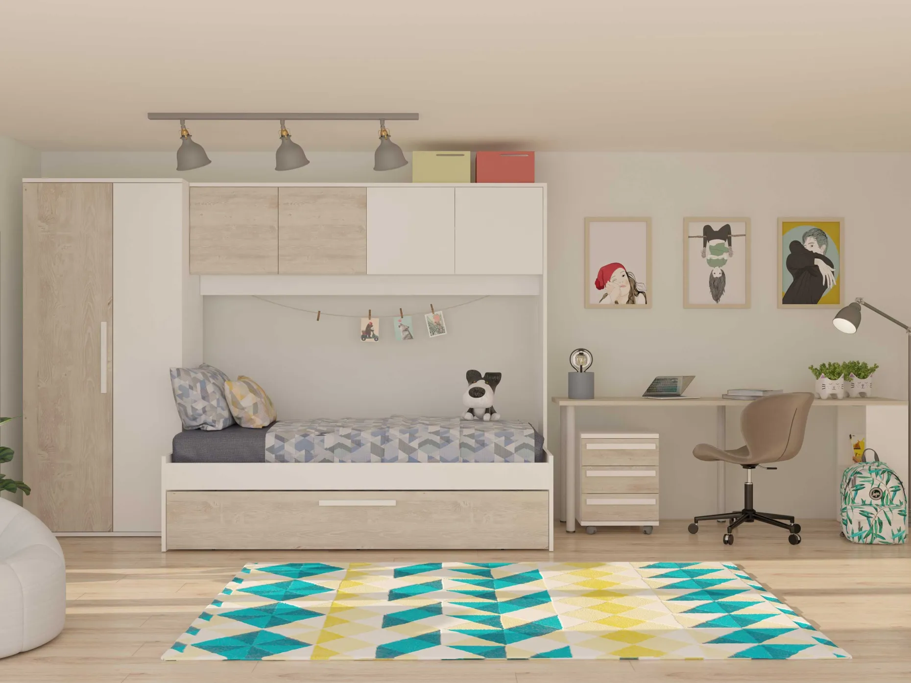 Bett Lev 90x200 cm mit Schrank und Bettschublade - Kiefer/weiß