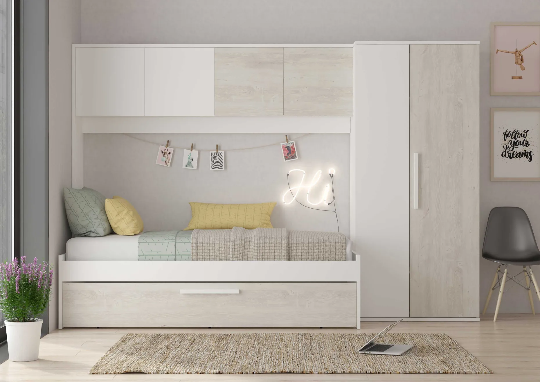 Bett Lev 90x200 cm mit Schrank und Bettschublade - Kiefer/weiß