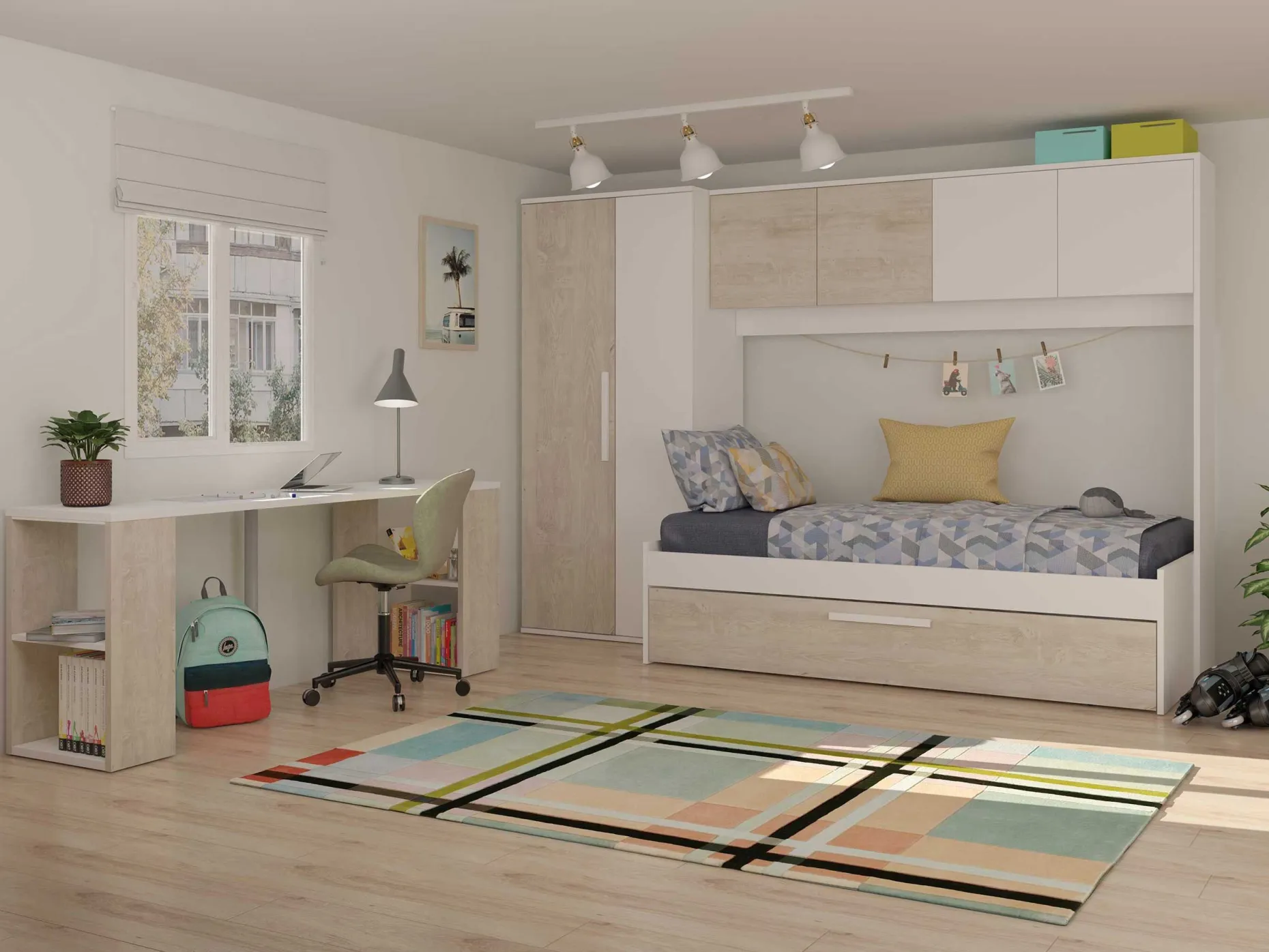 Bett Lev 90x200 cm mit Schrank und Bettschublade - Kiefer/weiß