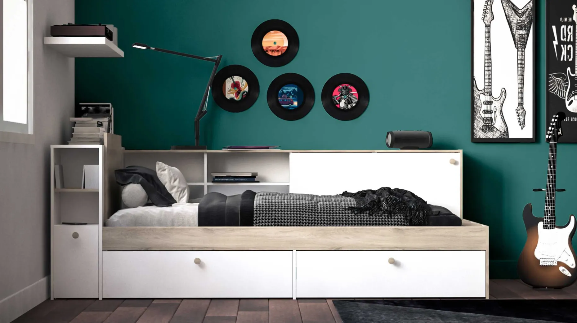Bett Liva 90 x 190/200 cm-Kronberg Eiche/Mattweiß