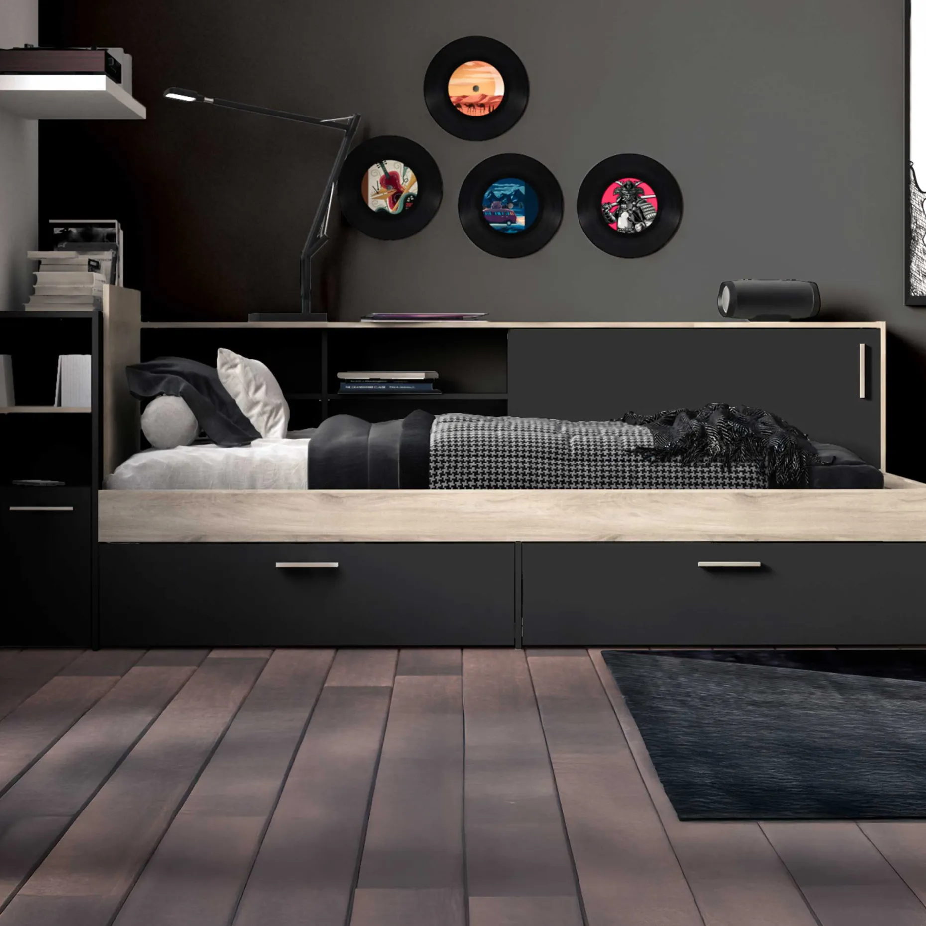 Bett Liva 90 x 190/200 cm-Kronberg Eiche/Mattschwarz