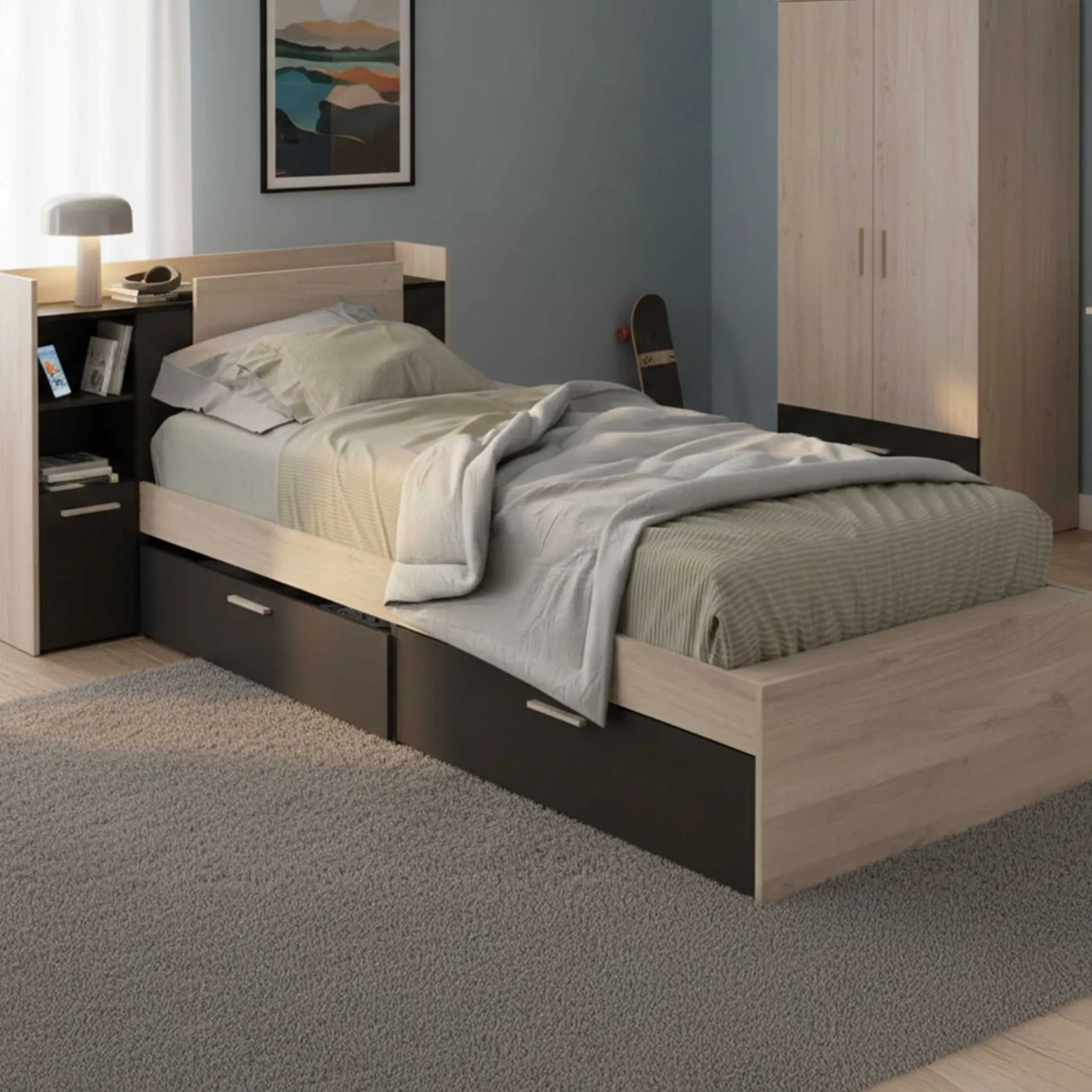 Bett Liva 90 x 190 cm-Kronberg Eiche/mattschwarz