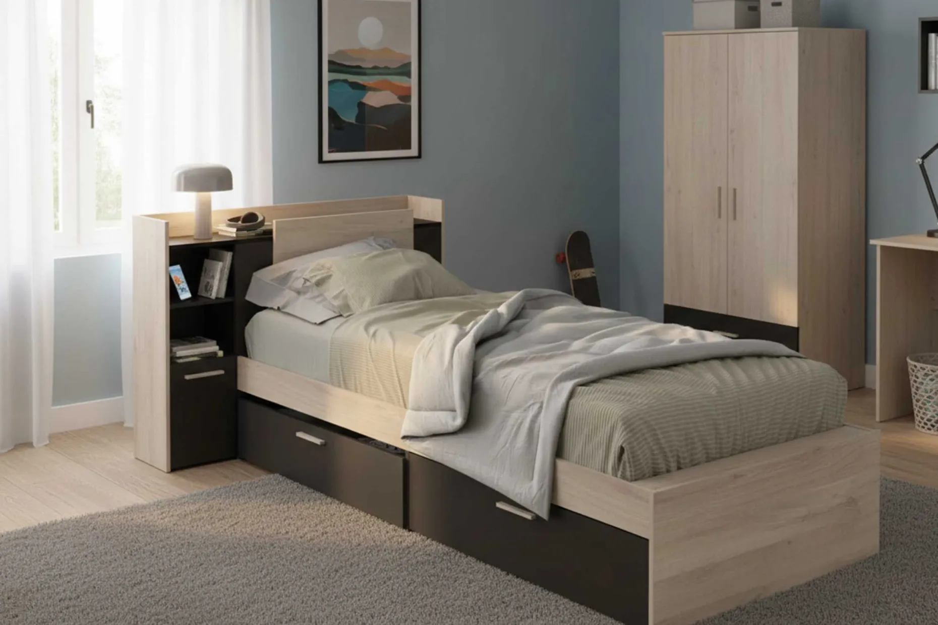 Bett Liva 90 x 190 cm-Kronberg Eiche/mattschwarz