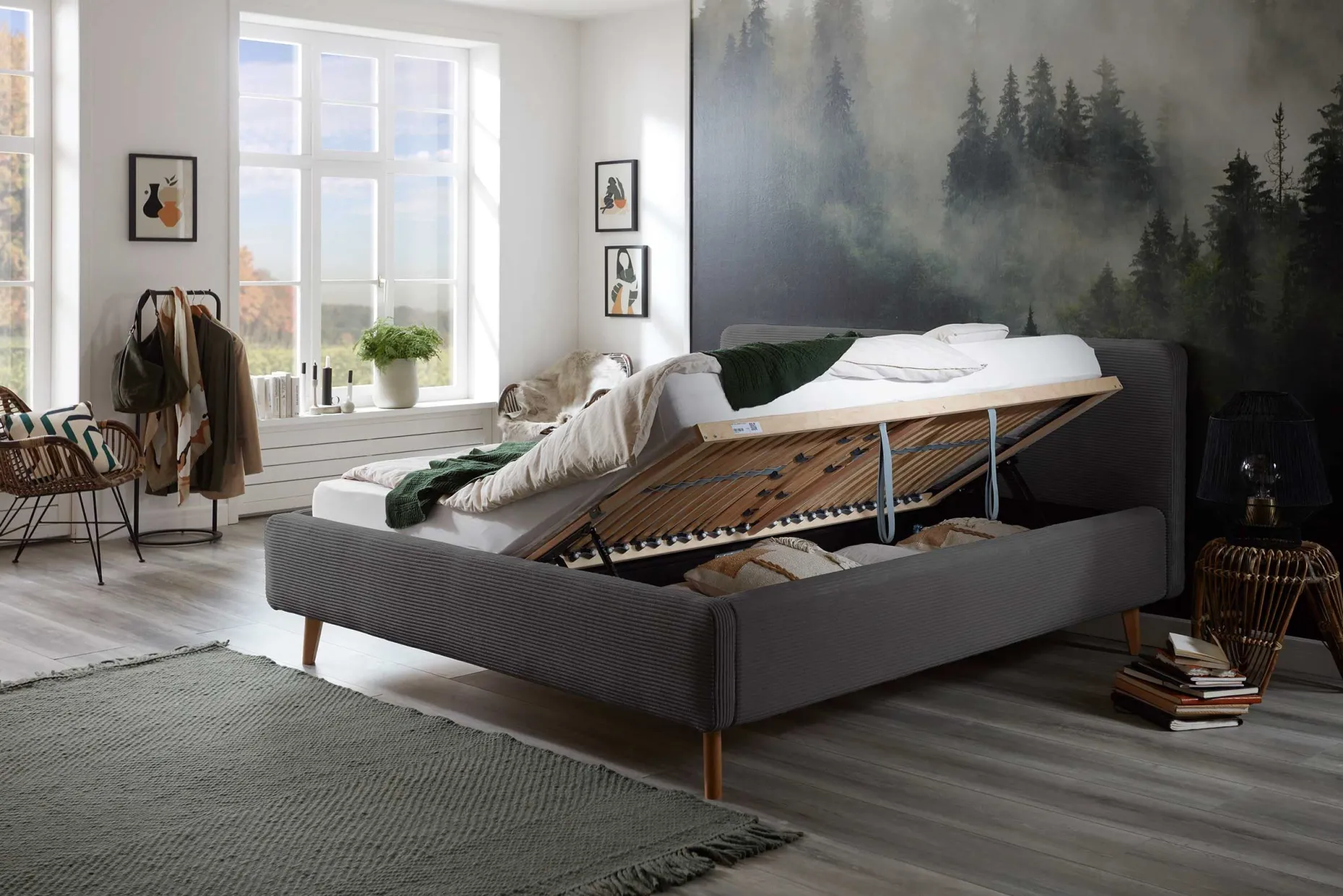 Bett Madras 160x200cm mit Lagerung Rippe Samt - grau