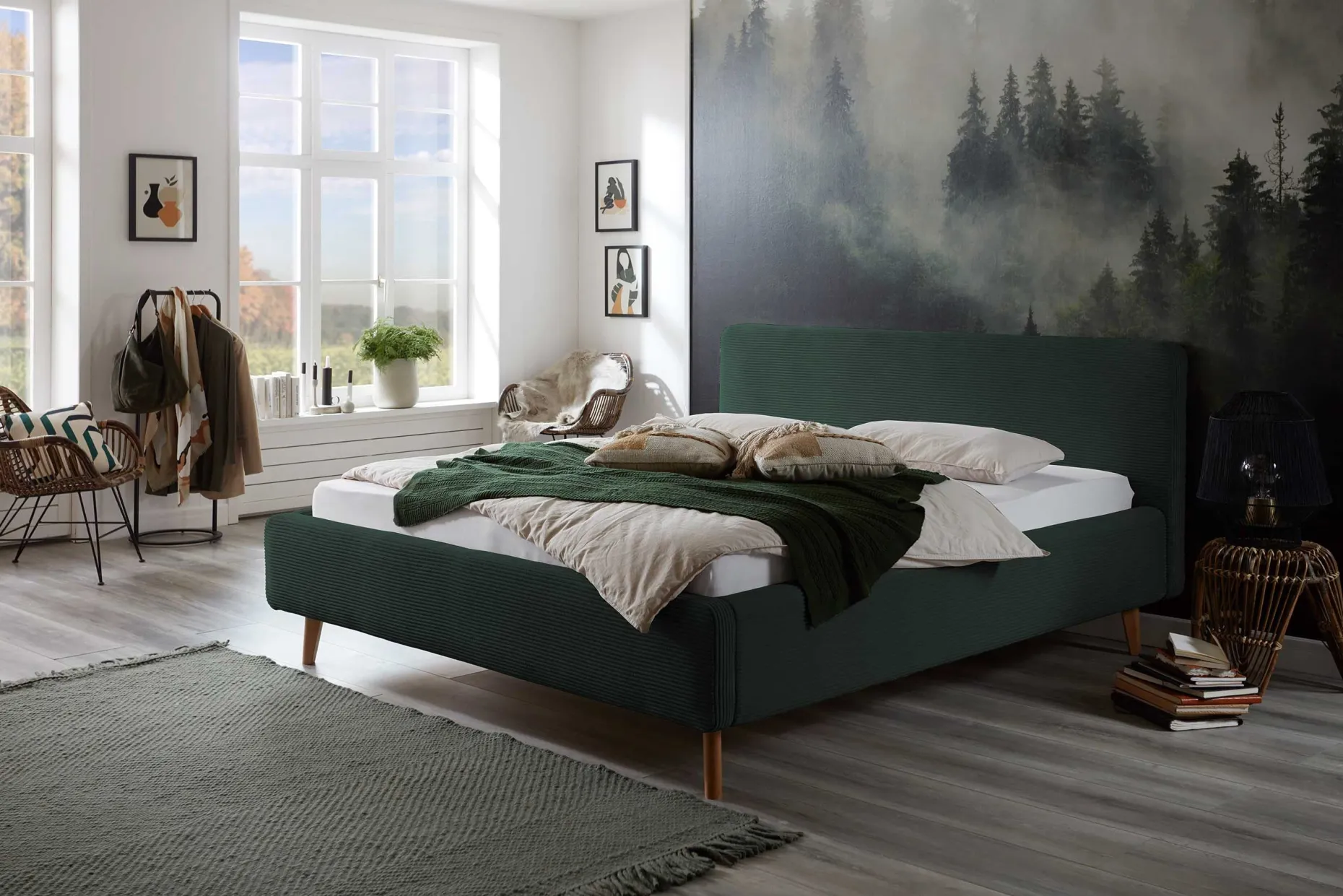 Bett Madras 180x200cm mit Lagerung Rippe Samt - dunkelgrün