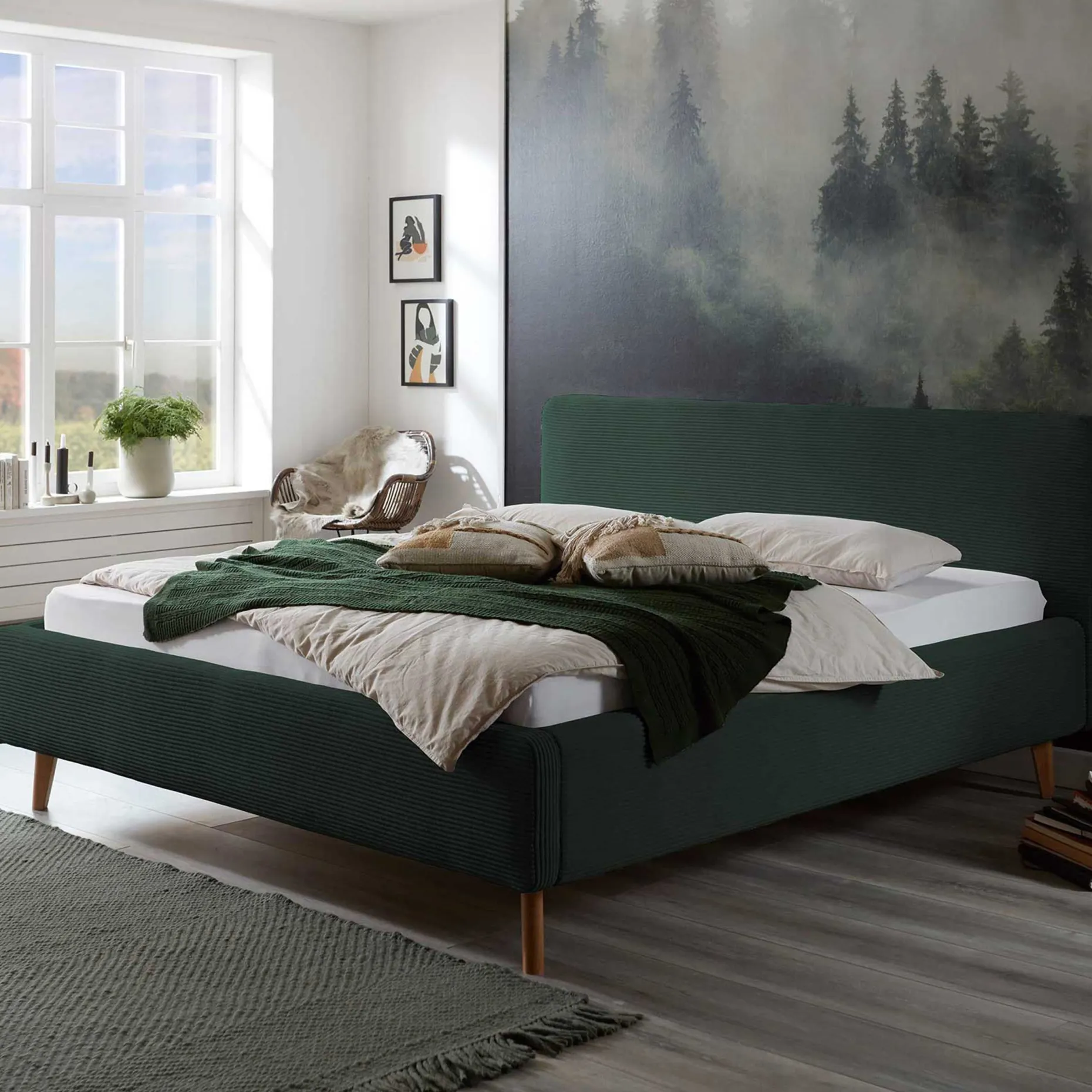 Bett Madras 180x200cm mit Lagerung Rippe Samt - dunkelgrün