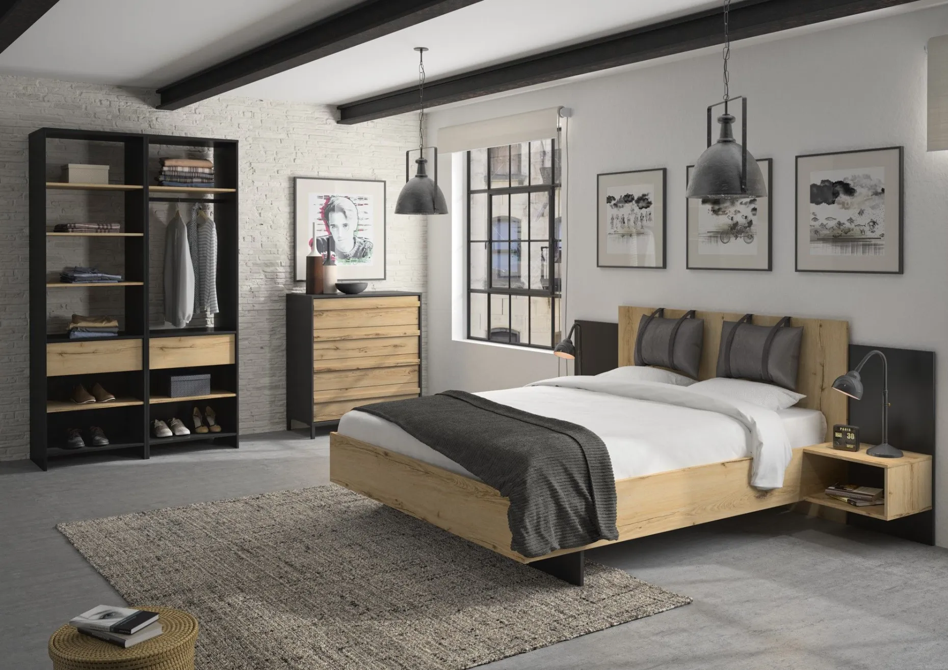 Bett Marzano 160x200cm mit zwei Nachttischen - helvezia Eiche