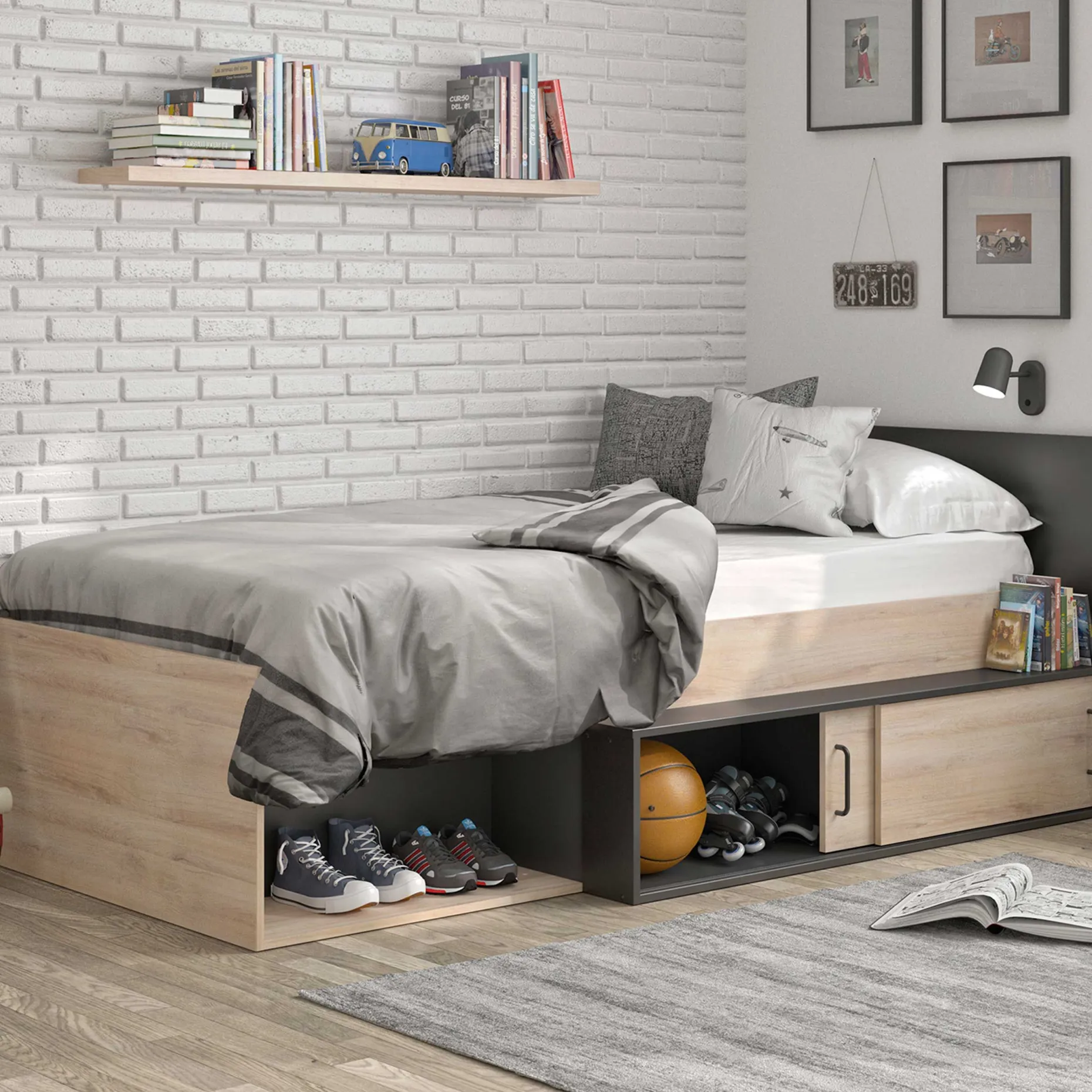 Bett mit Stauraum Quinten 90x200 - Eiche Kronberg hell/schwarz