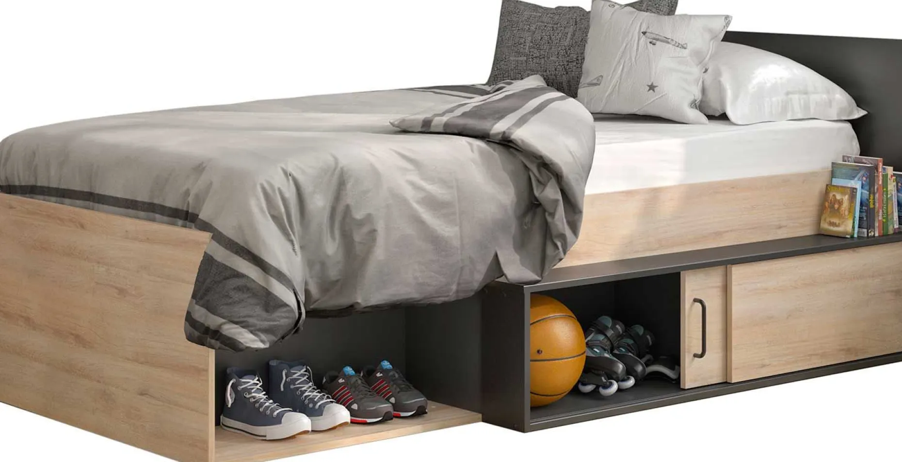 Bett mit Stauraum Quinten 90x200 - Eiche Kronberg hell/schwarz