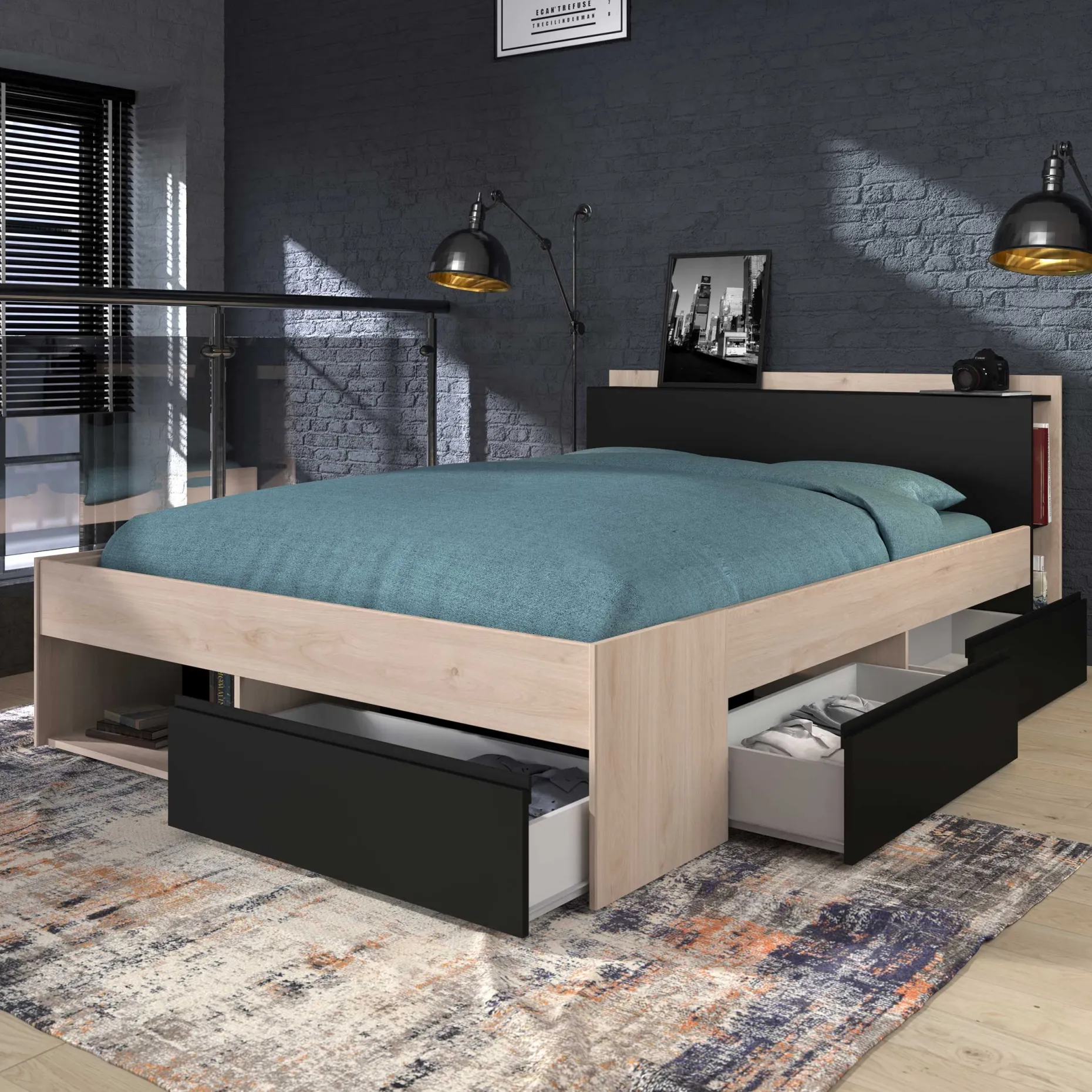 Bett Most 140x190/200cm mit Schubladen - schwarz
