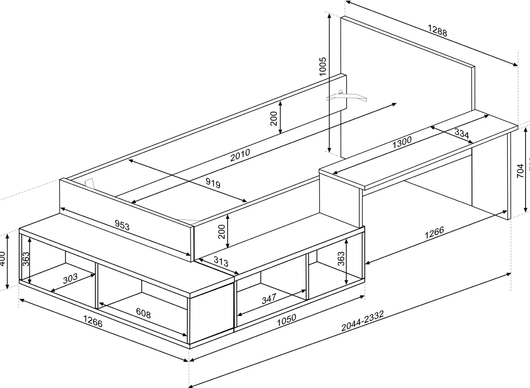 Bett Quinn 90x200 cm mit Schreibtisch und Stauraum - Kiefer/grau