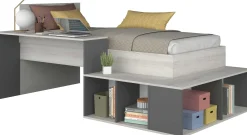 Bett Quinn 90x200 cm mit Schreibtisch und Stauraum - Kiefer/grau