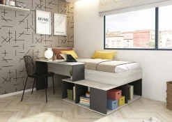 Bett Quinn 90x200 cm mit Schreibtisch und Stauraum - Kiefer/grau
