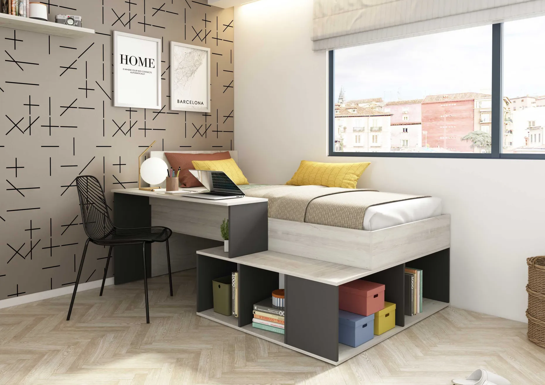 Bett Quinn 90x200 cm mit Schreibtisch und Stauraum - Kiefer/grau