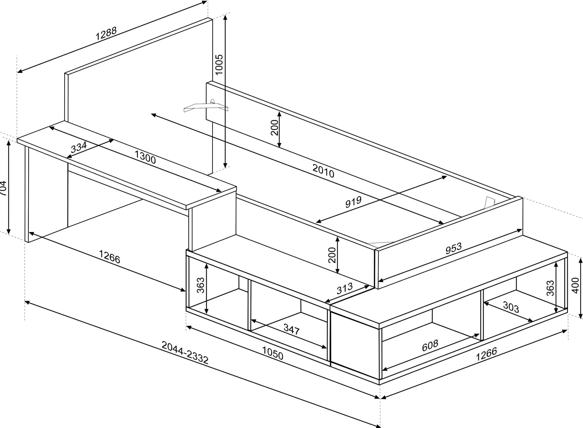 Bett Quinn 90x200 cm mit Schreibtisch und Stauraum - Kiefer/grau