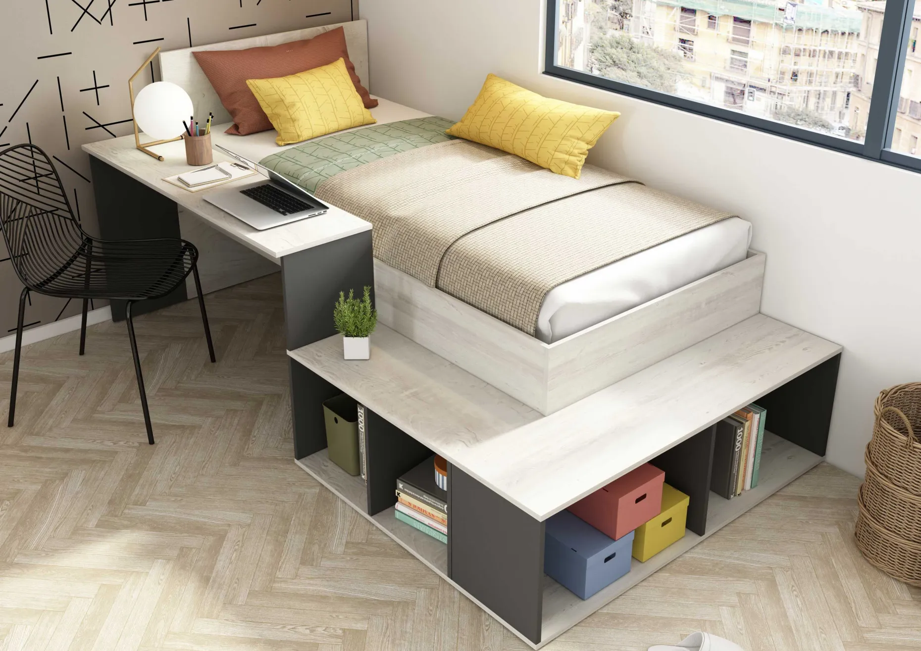 Bett Quinn 90x200 cm mit Schreibtisch und Stauraum - Kiefer/grau