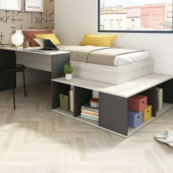 Bett Quinn 90x200 cm mit Schreibtisch und Stauraum - Kiefer/grau