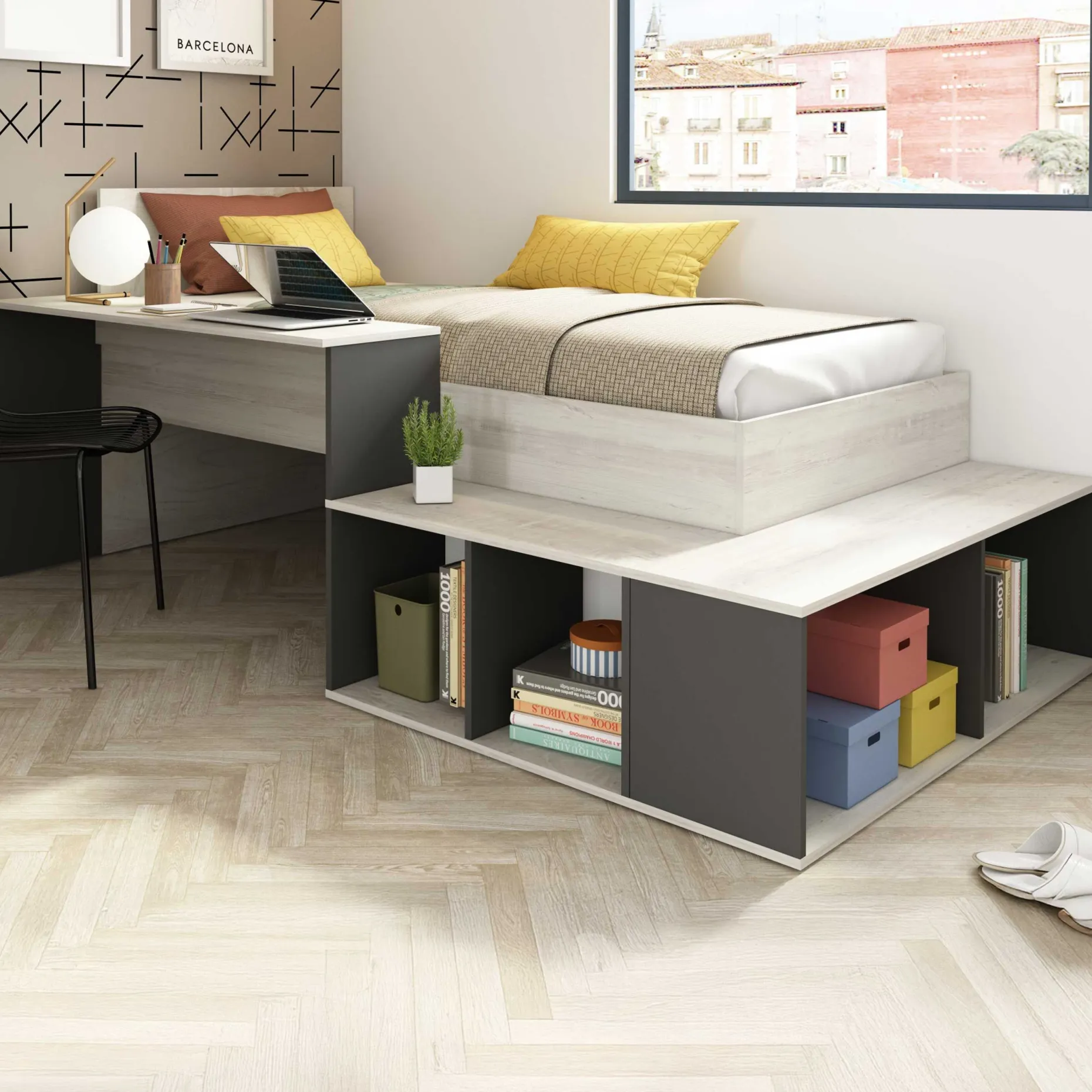 Bett Quinn 90x200 cm mit Schreibtisch und Stauraum - Kiefer/grau