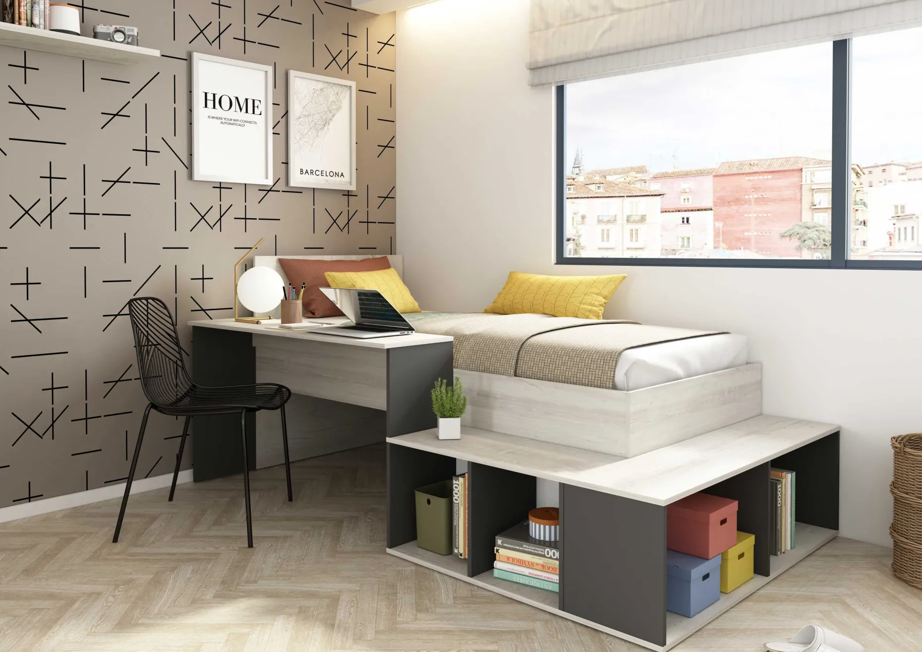 Bett Quinn 90x200 cm mit Schreibtisch und Stauraum - Kiefer/grau