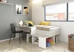 Bett Quinn 90x200 cm mit Schreibtisch und Stauraum - Kiefer/weiß